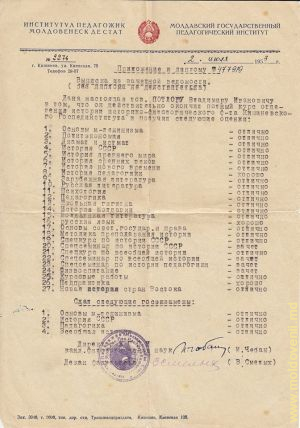 Anexa la Diploma de absolvire a Institutului Pedagogic Moldovenesc de Stat, 1953. Arhiva familiei Potlog