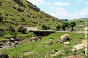 Pod de piatră peste rîul Draghişte înspre defileul Trinca, vedere de-a lungul cursului rîului
