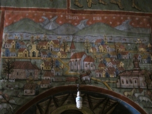 Pictură cu reprezentarea oraşului Baia, cu  cele trei biserici
