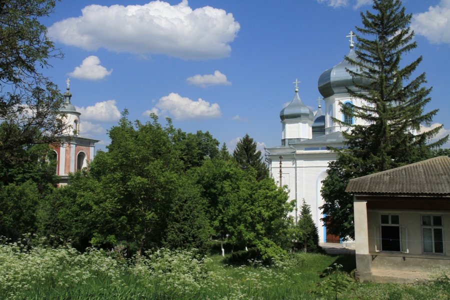 Vedere spre ambele biserici ale Mănăstirii Hîrbovăţ - primăvara, prim-plan, 2011